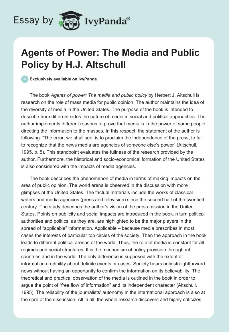 "Agents of Power: The Media and Public Policy" by H.J. Altschull. Page 1
