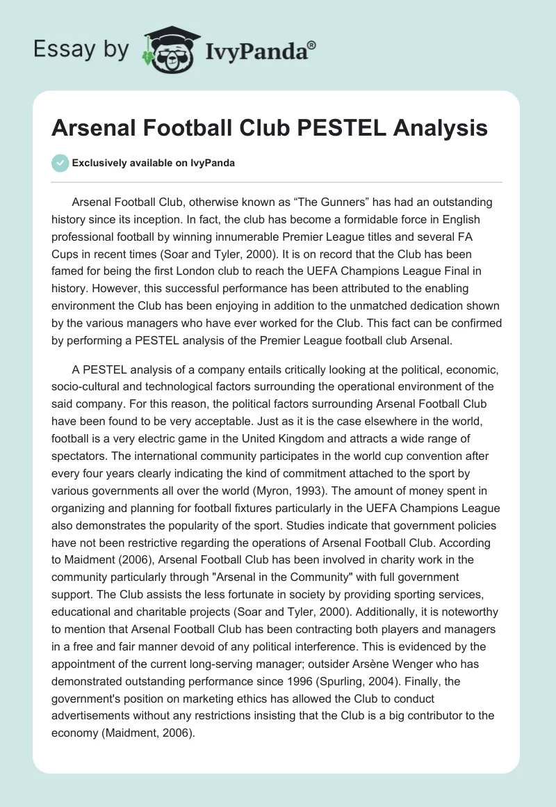 Arsenal Football Club PESTEL Analysis. Page 1
