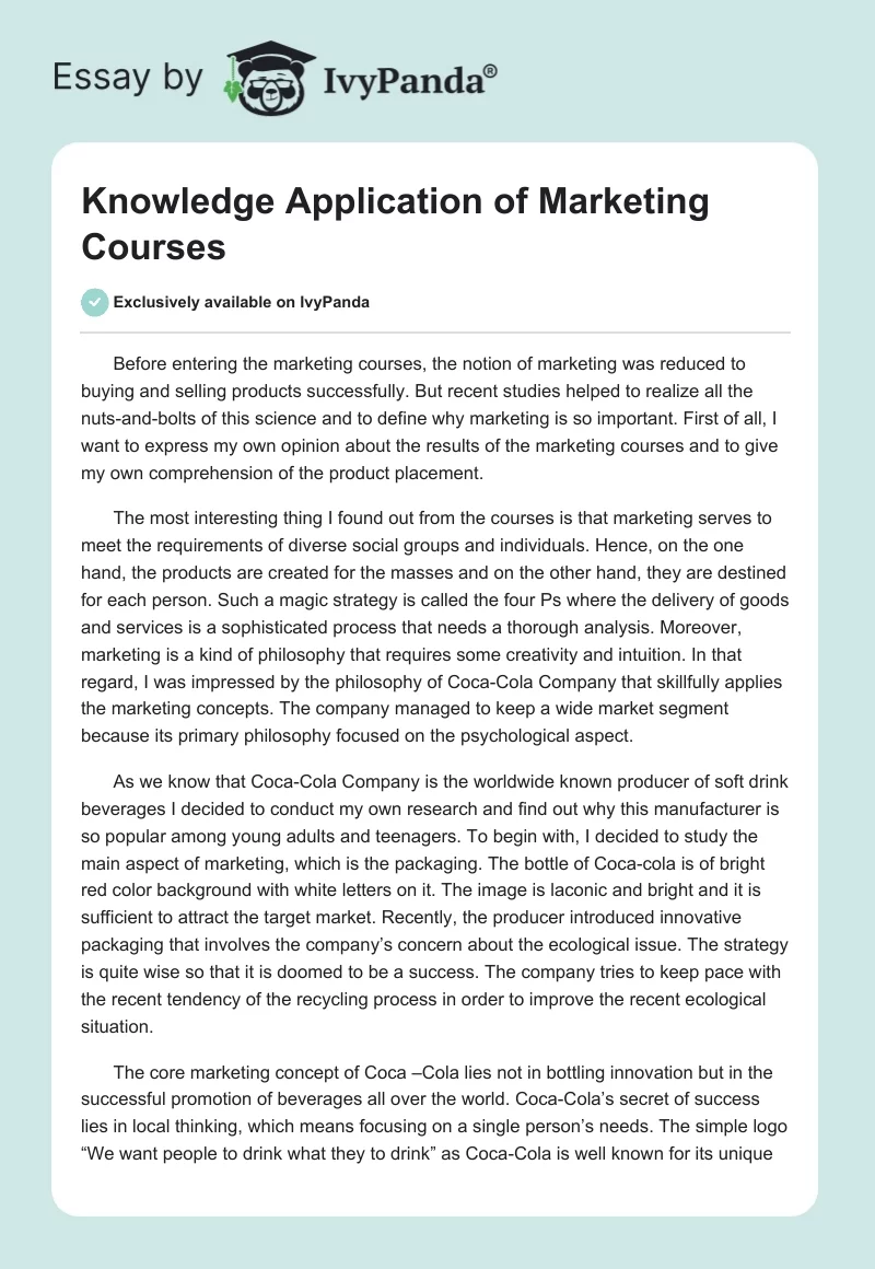 Knowledge Application of Marketing Courses. Page 1