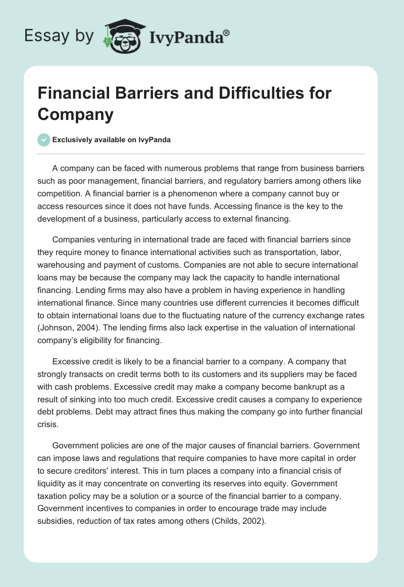 Financial Barriers and Difficulties for Company. Page 1