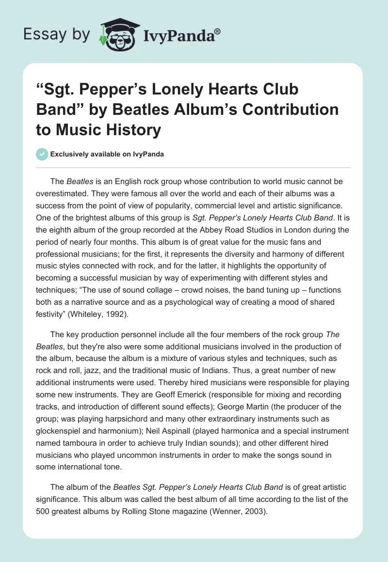 “Sgt. Pepper’s Lonely Hearts Club Band” by Beatles Album’s Contribution to Music History. Page 1