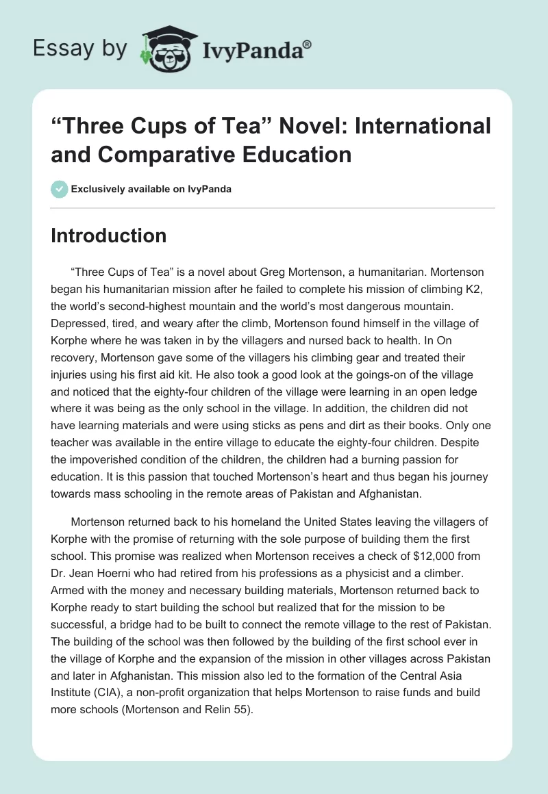 “Three Cups of Tea” Novel: International and Comparative Education. Page 1