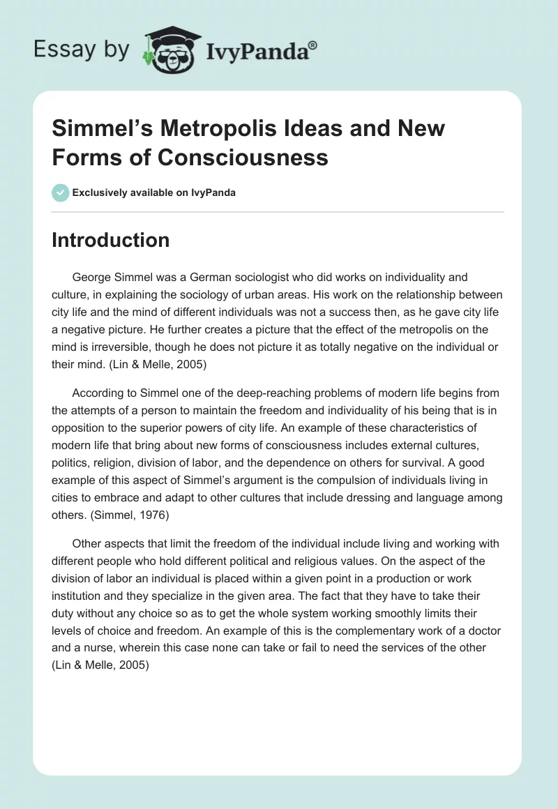 Simmel’s Metropolis Ideas and New Forms of Consciousness. Page 1