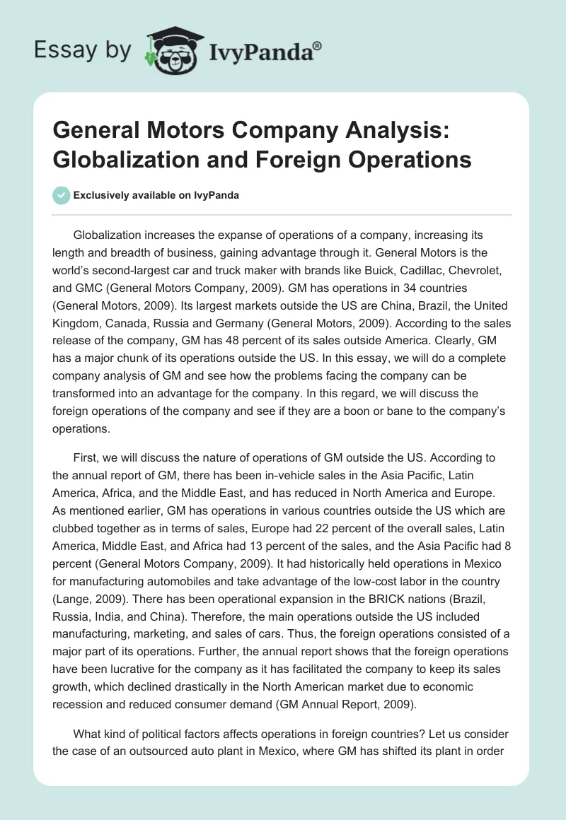 General Motors Company Analysis: Globalization and Foreign Operations. Page 1