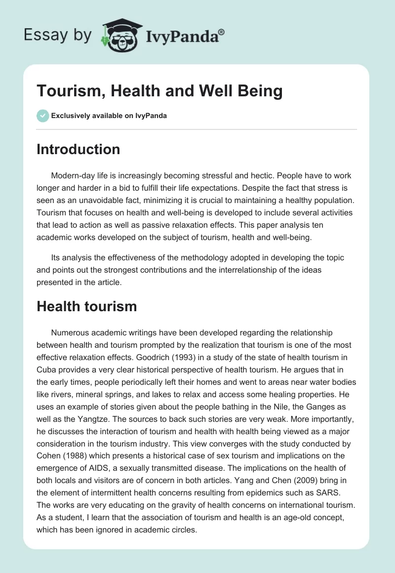 Tourism, Health and Well Being. Page 1