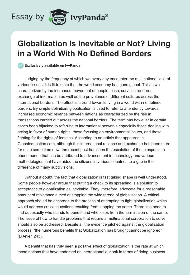 Globalization Is Inevitable or Not? Living in a World With No Defined Borders. Page 1
