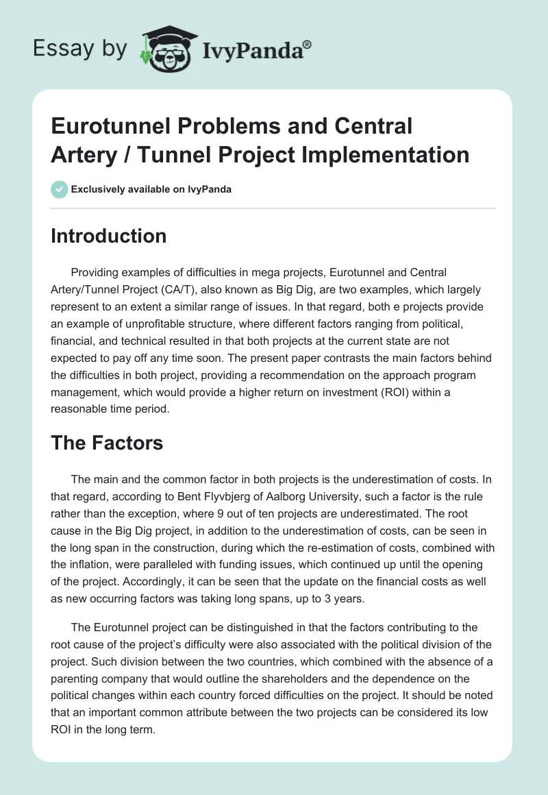 Eurotunnel Problems and Central Artery / Tunnel Project Implementation. Page 1