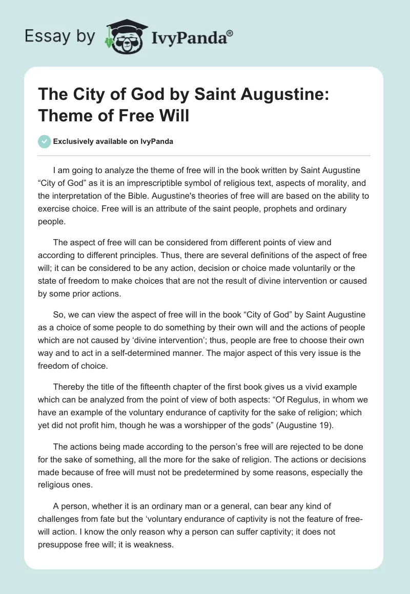 "The City of God" by Saint Augustine: Theme of Free Will. Page 1