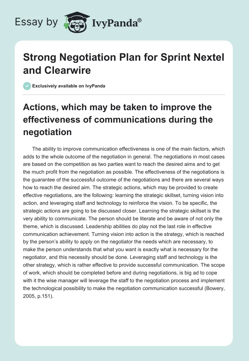 Strong Negotiation Plan for Sprint Nextel and Clearwire. Page 1