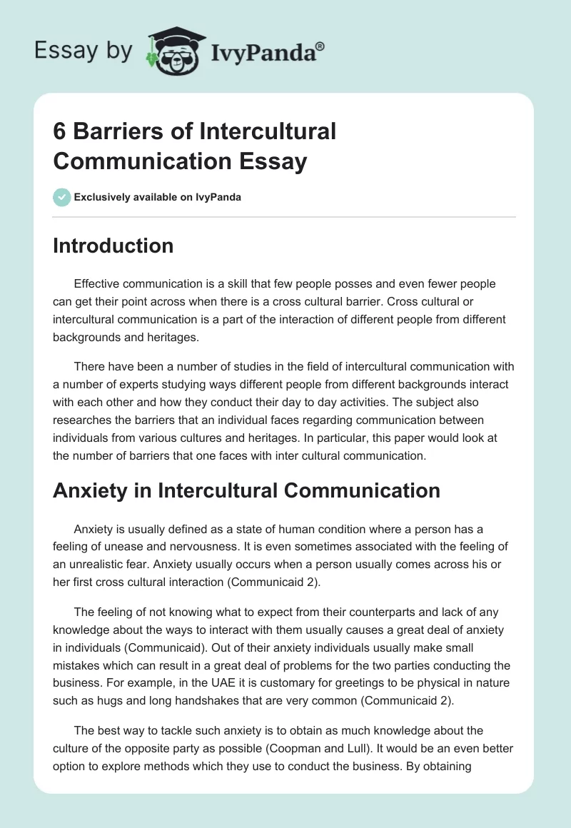 6 Barriers of Intercultural Communication Essay. Page 1