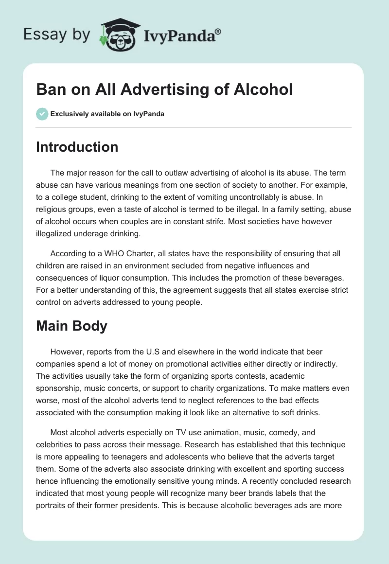 Ban on All Advertising of Alcohol. Page 1