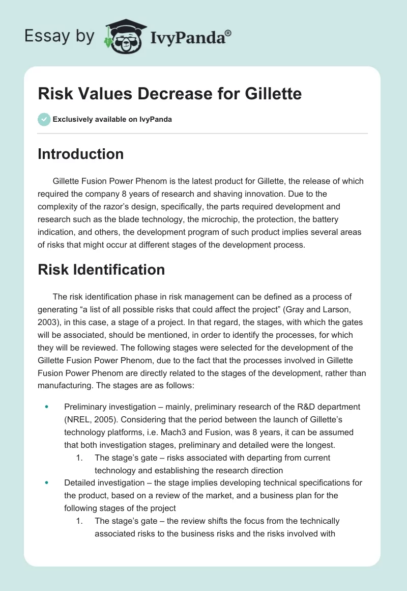 Risk Values Decrease for Gillette. Page 1
