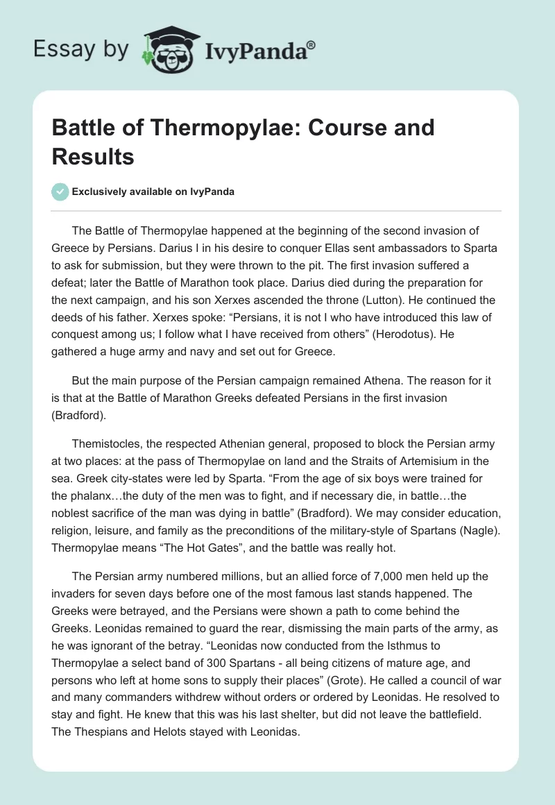 Battle of Thermopylae: Course and Results. Page 1