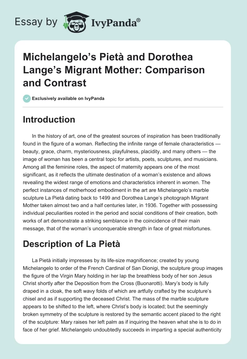 Michelangelo’s Pietà and Dorothea Lange’s Migrant Mother: Comparison and Contrast. Page 1