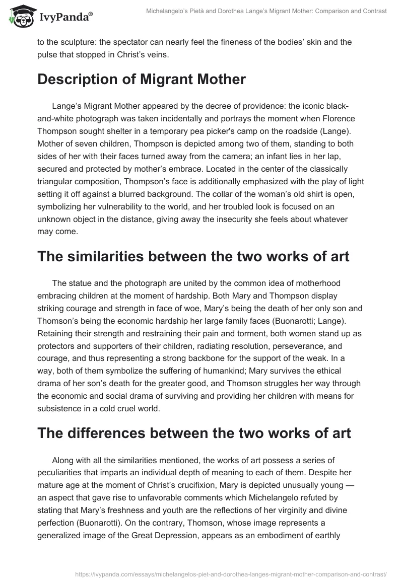 Michelangelo’s Pietà and Dorothea Lange’s Migrant Mother: Comparison and Contrast. Page 2