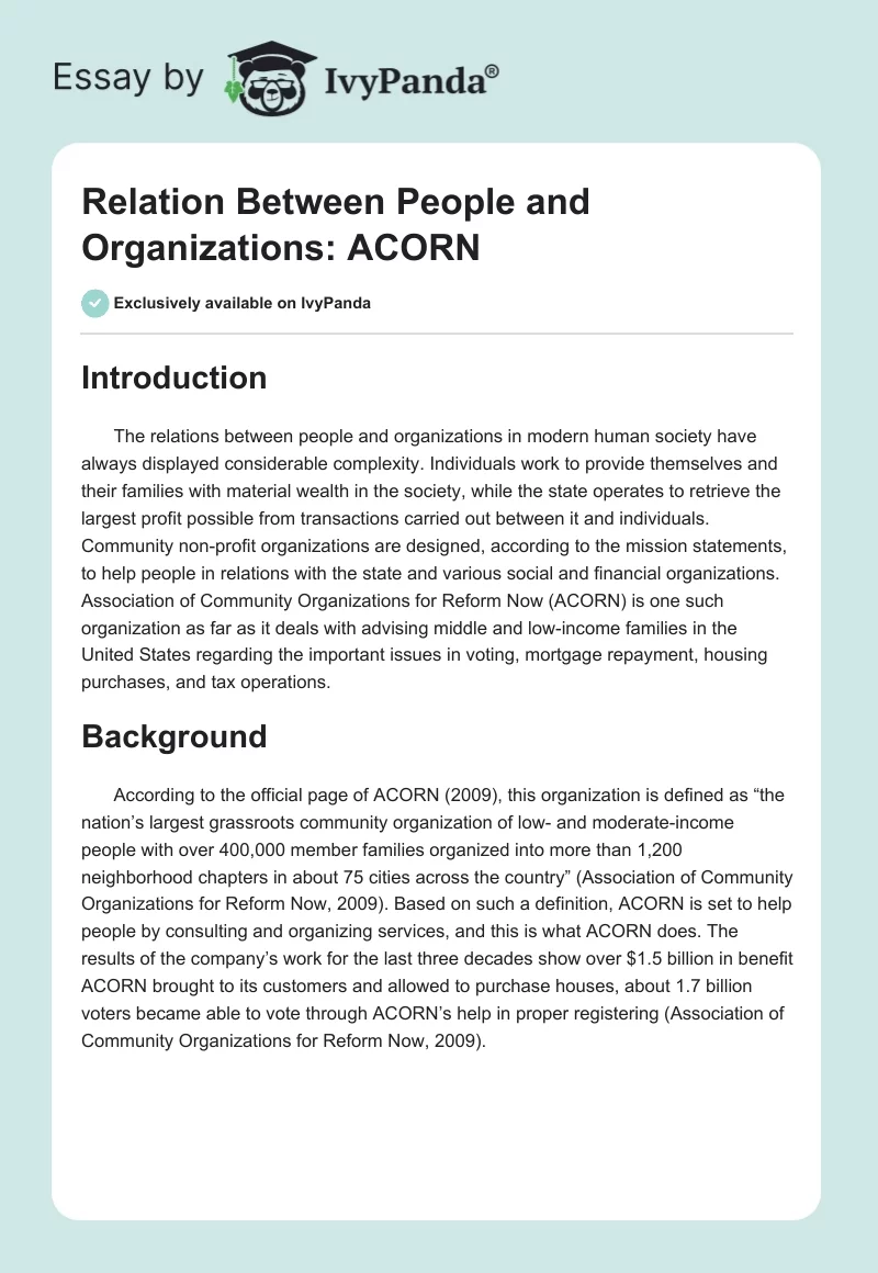 Relation Between People and Organizations: ACORN. Page 1