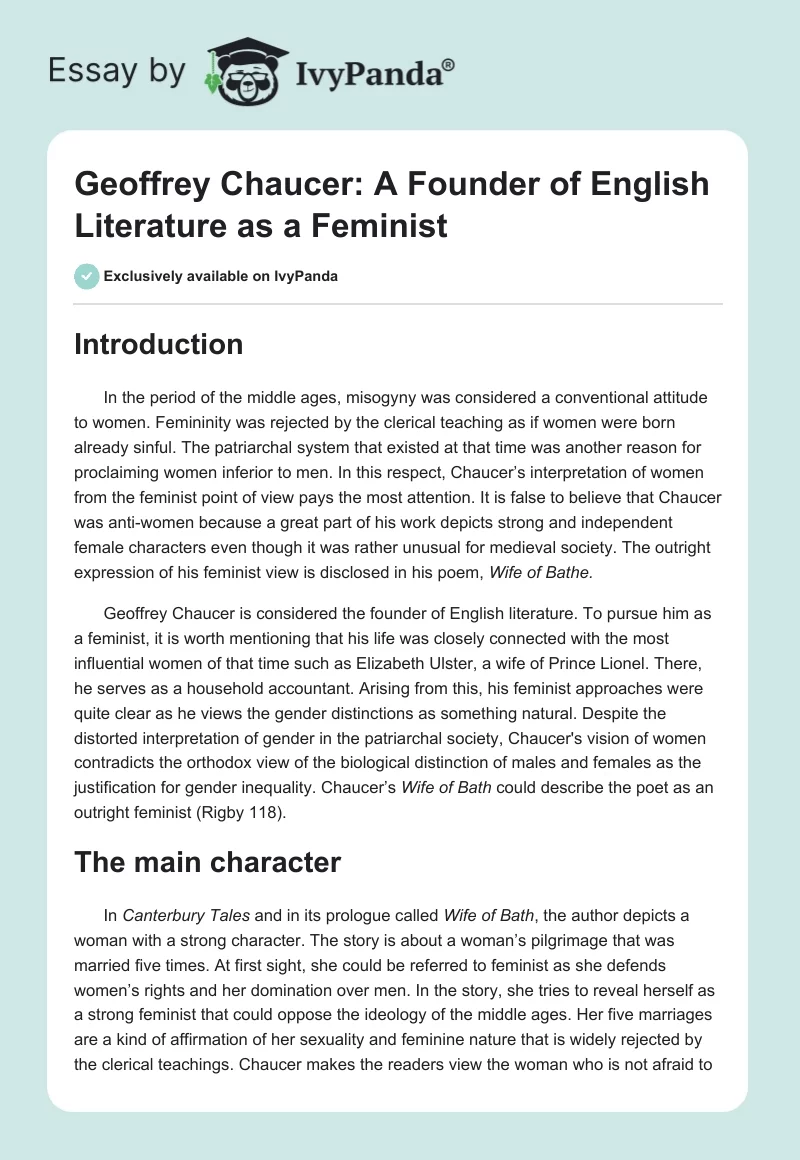 Geoffrey Chaucer: A Founder of English Literature as a Feminist. Page 1