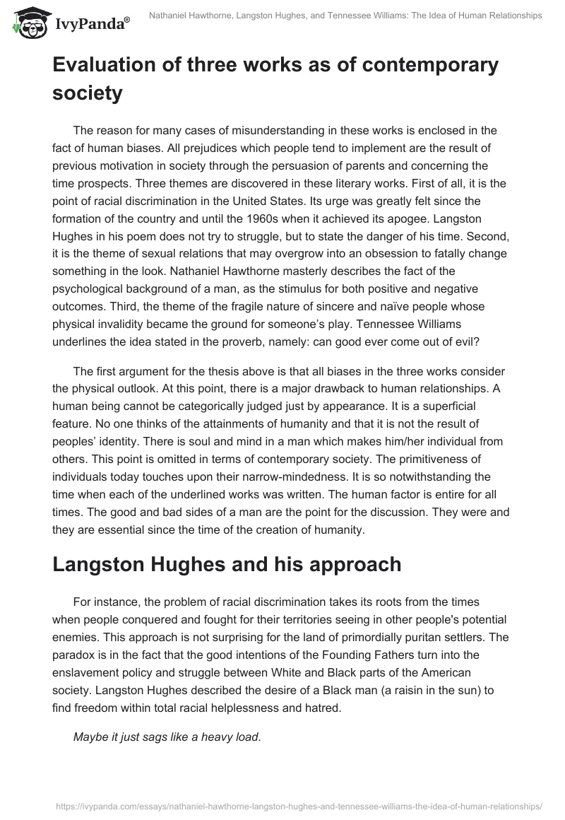 Nathaniel Hawthorne, Langston Hughes, and Tennessee Williams: The Idea of Human Relationships. Page 2
