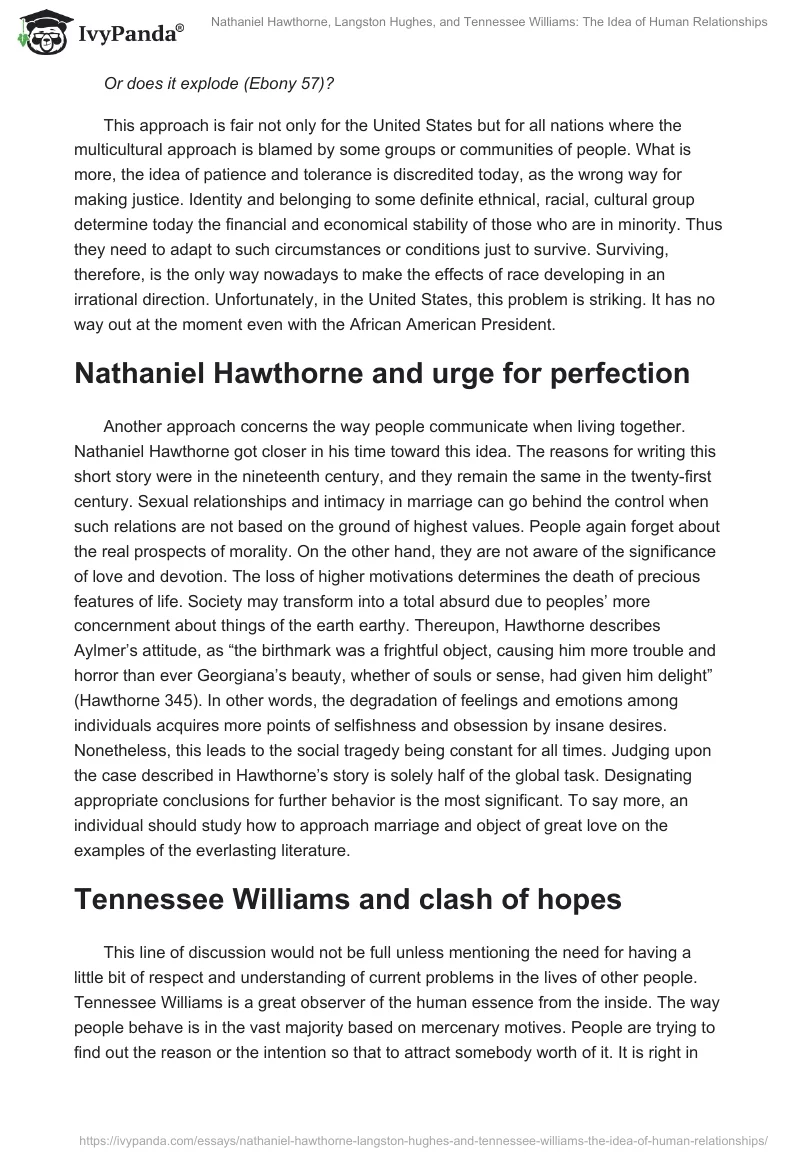 Nathaniel Hawthorne, Langston Hughes, and Tennessee Williams: The Idea of Human Relationships. Page 3