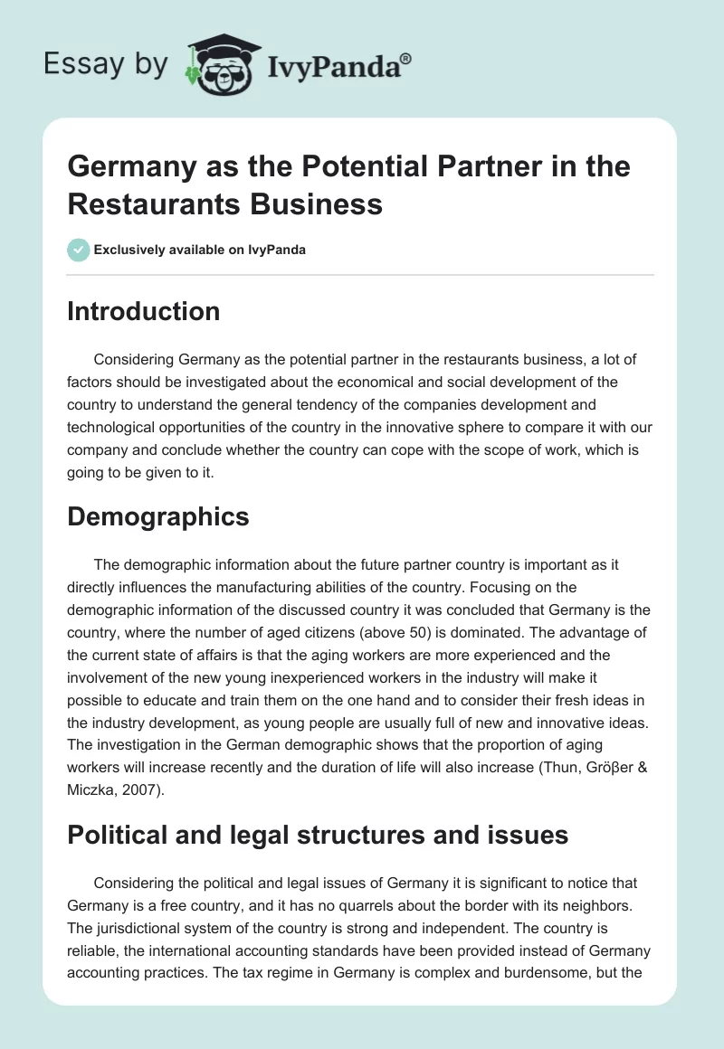 Germany as the Potential Partner in the Restaurants Business. Page 1