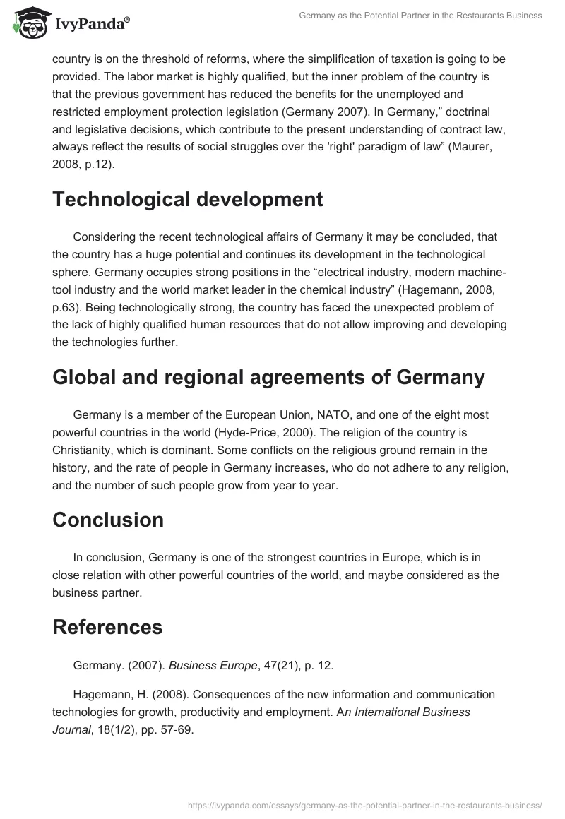 Germany as the Potential Partner in the Restaurants Business. Page 2