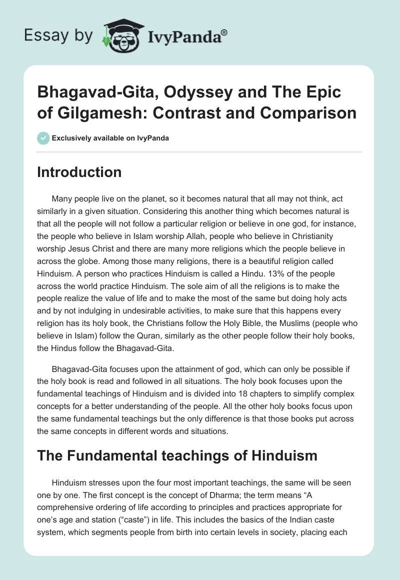"Bhagavad-Gita", "The Odyssey" and "The Epic of Gilgamesh": Contrast and Comparison. Page 1