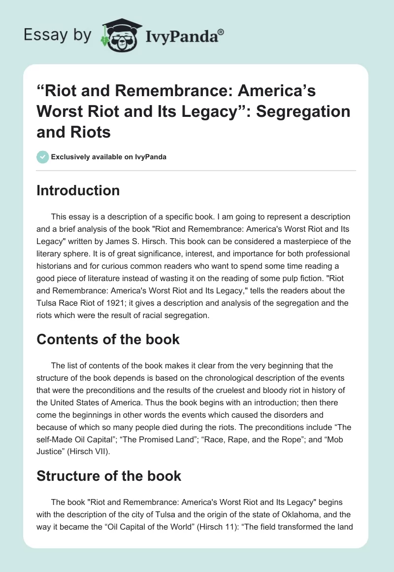 “Riot and Remembrance: America’s Worst Riot and Its Legacy”: Segregation and Riots. Page 1