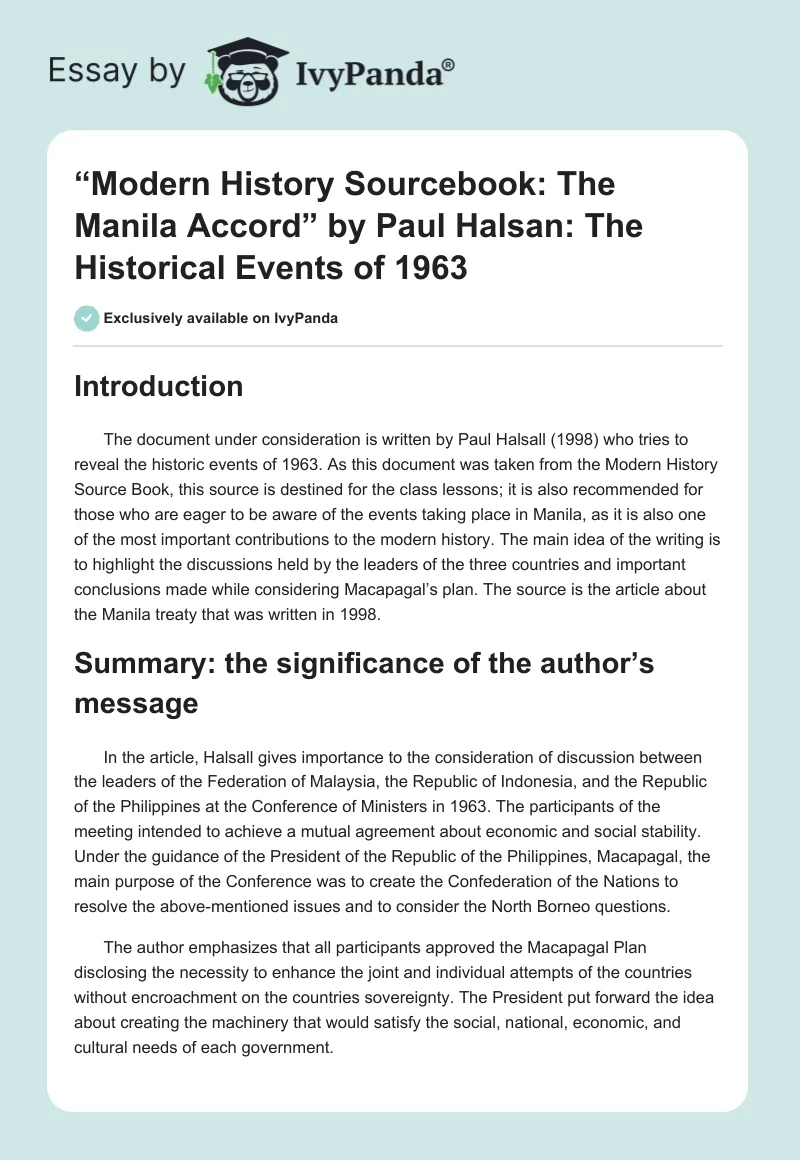 “Modern History Sourcebook: The Manila Accord” by Paul Halsan: The Historical Events of 1963. Page 1