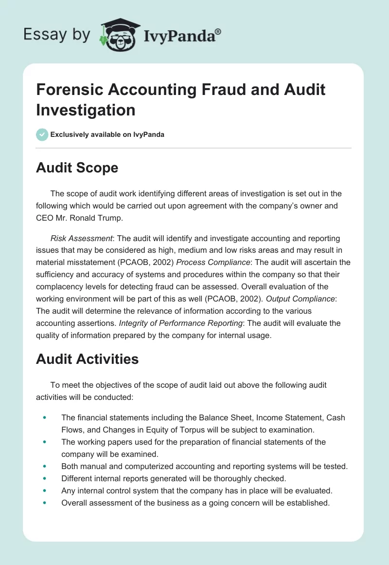 Forensic Accounting Fraud and Audit Investigation. Page 1