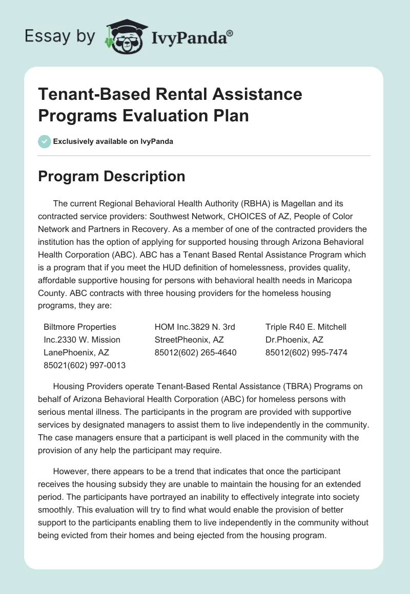 Tenant-Based Rental Assistance Programs Evaluation Plan. Page 1