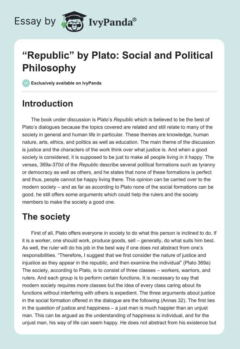 “Republic” by Plato: Social and Political Philosophy. Page 1