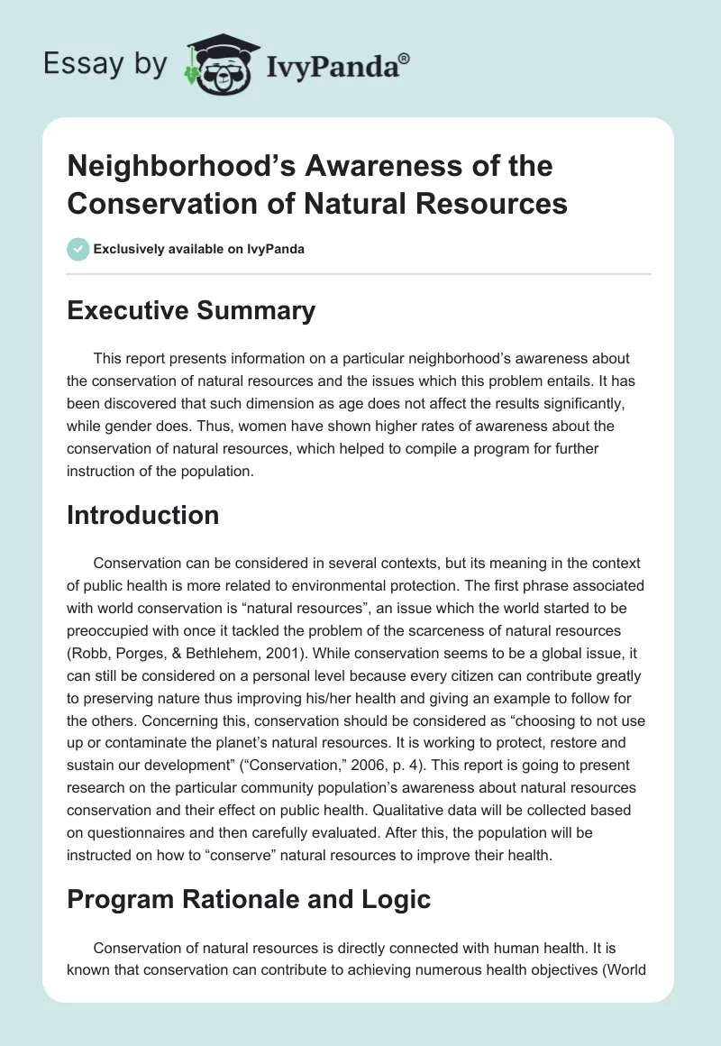 Neighborhood’s Awareness of the Conservation of Natural Resources. Page 1