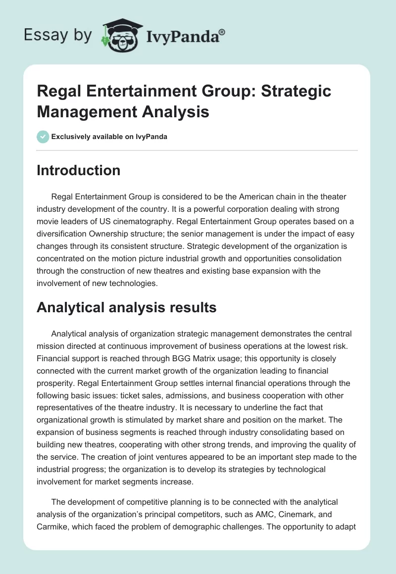 Regal Entertainment Group: Strategic Management Analysis. Page 1