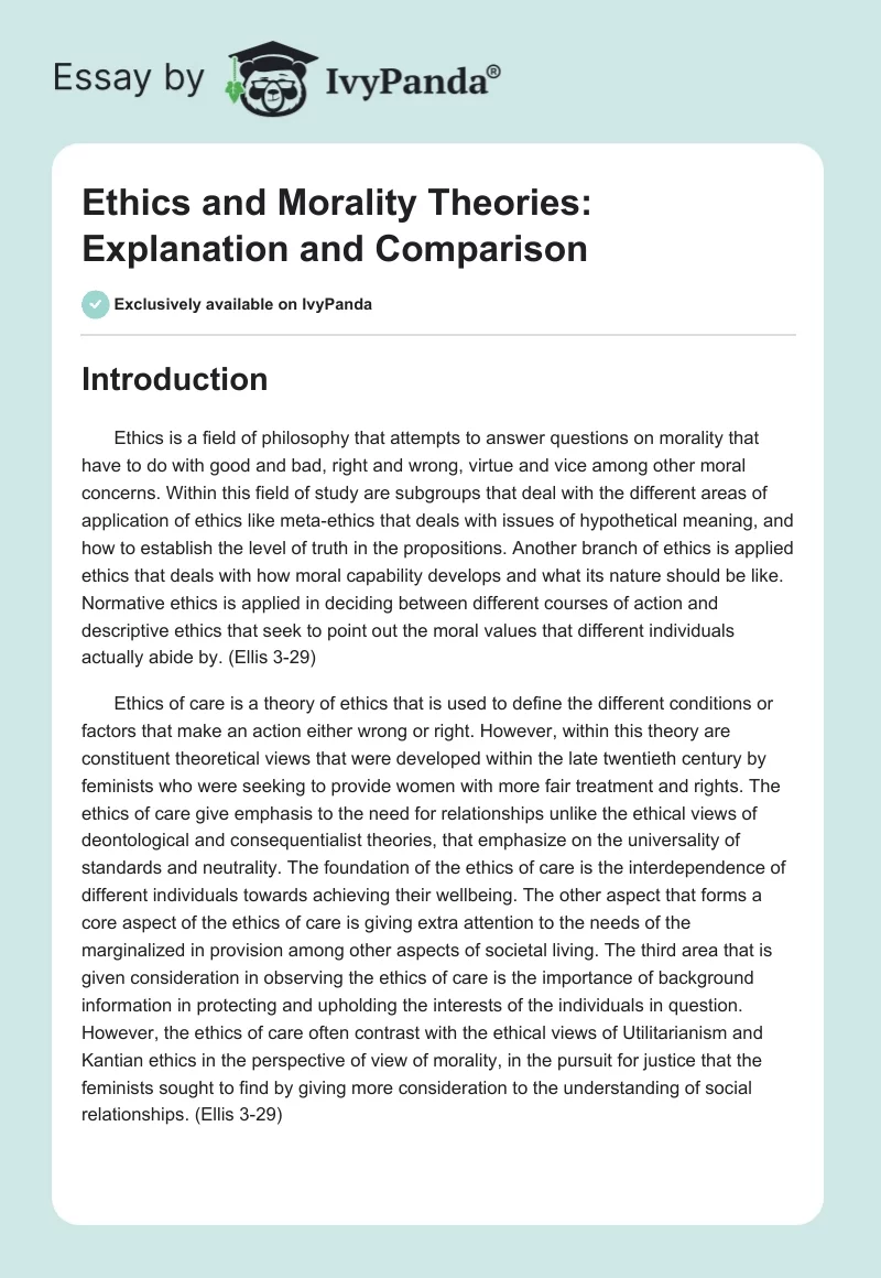 Ethics and Morality Theories: Explanation and Comparison. Page 1
