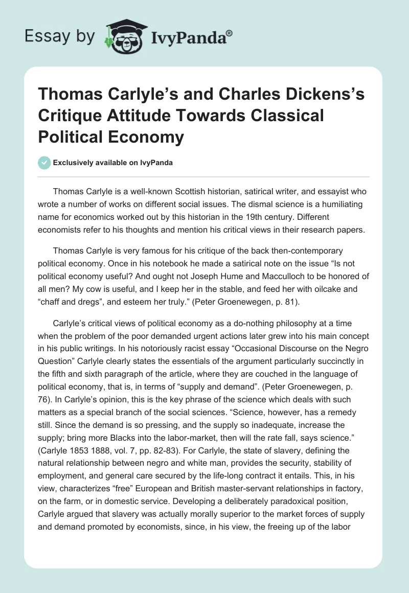 Thomas Carlyle’s and Charles Dickens’s Critique Attitude Towards Classical Political Economy. Page 1