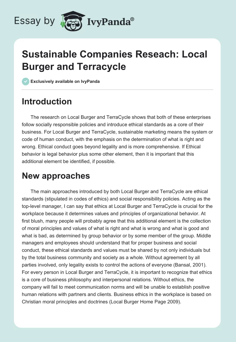 Sustainable Companies Reseach: Local Burger and Terracycle. Page 1