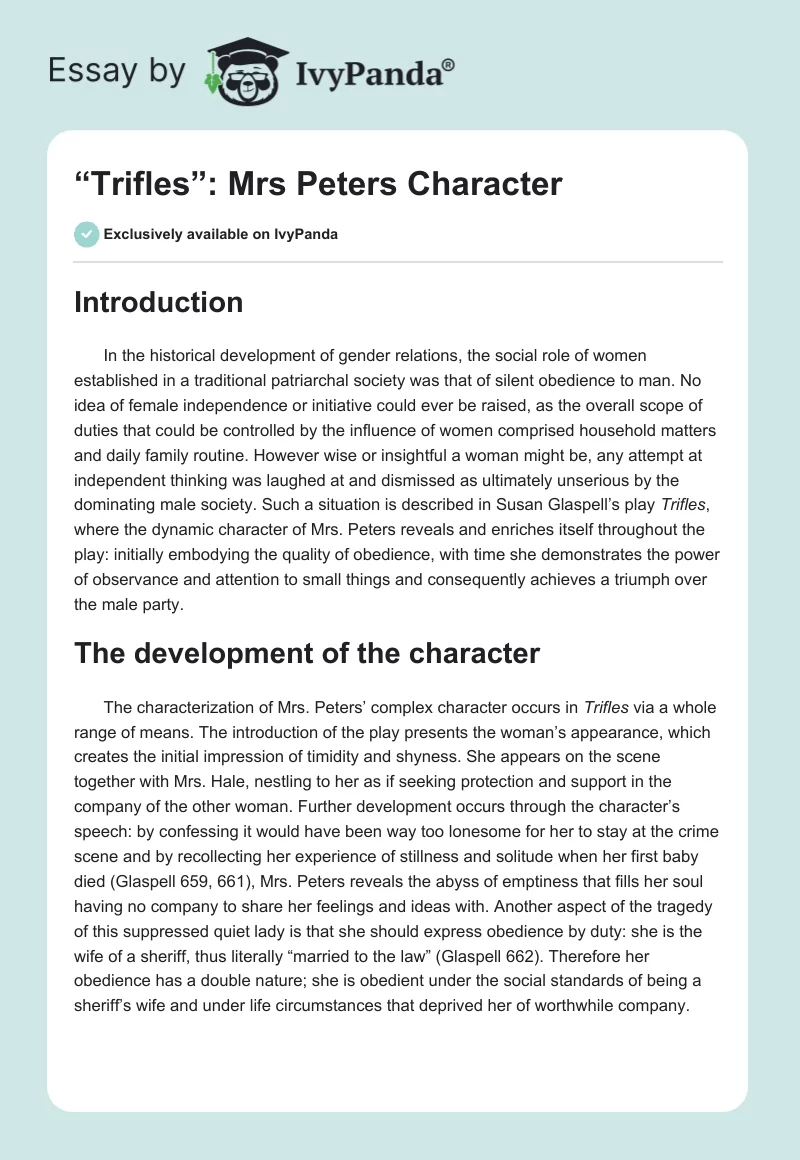 “Trifles”: Mrs. Peters Character. Page 1