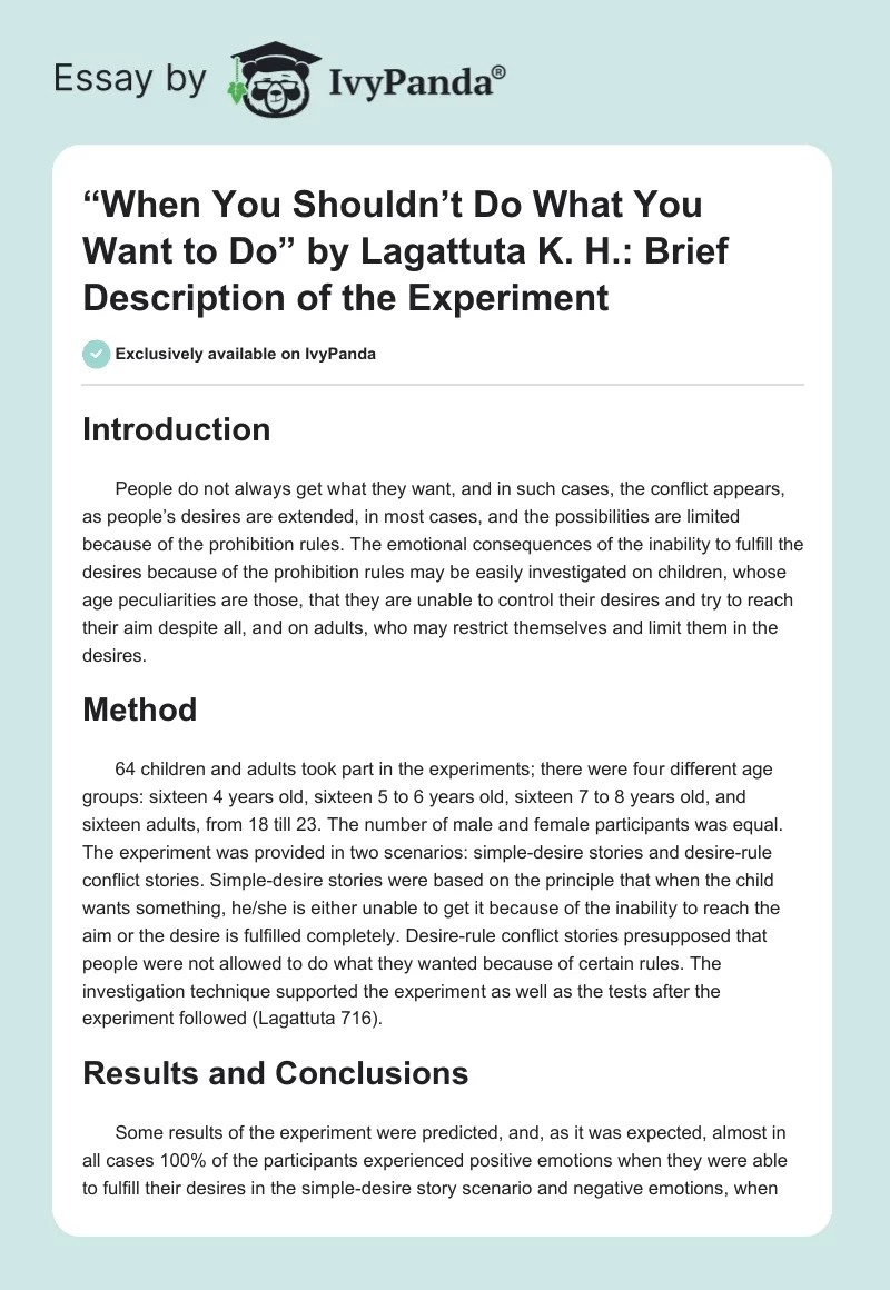 “When You Shouldn’t Do What You Want to Do” by Lagattuta K. H.: Brief Description of the Experiment. Page 1