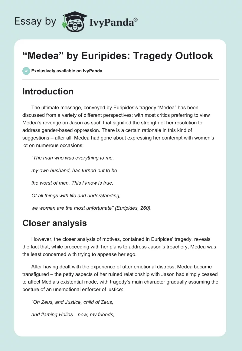 “Medea” by Euripides: Tragedy Outlook. Page 1