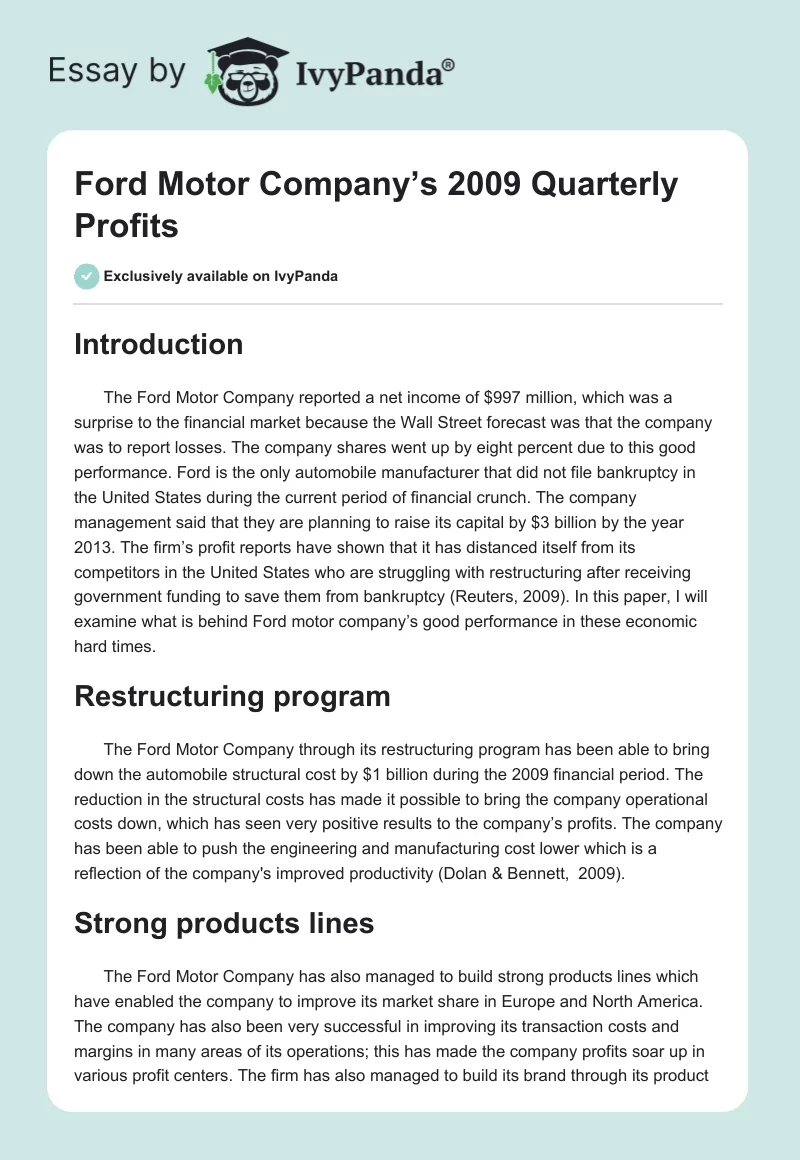 Ford Motor Company’s 2009 Quarterly Profits. Page 1