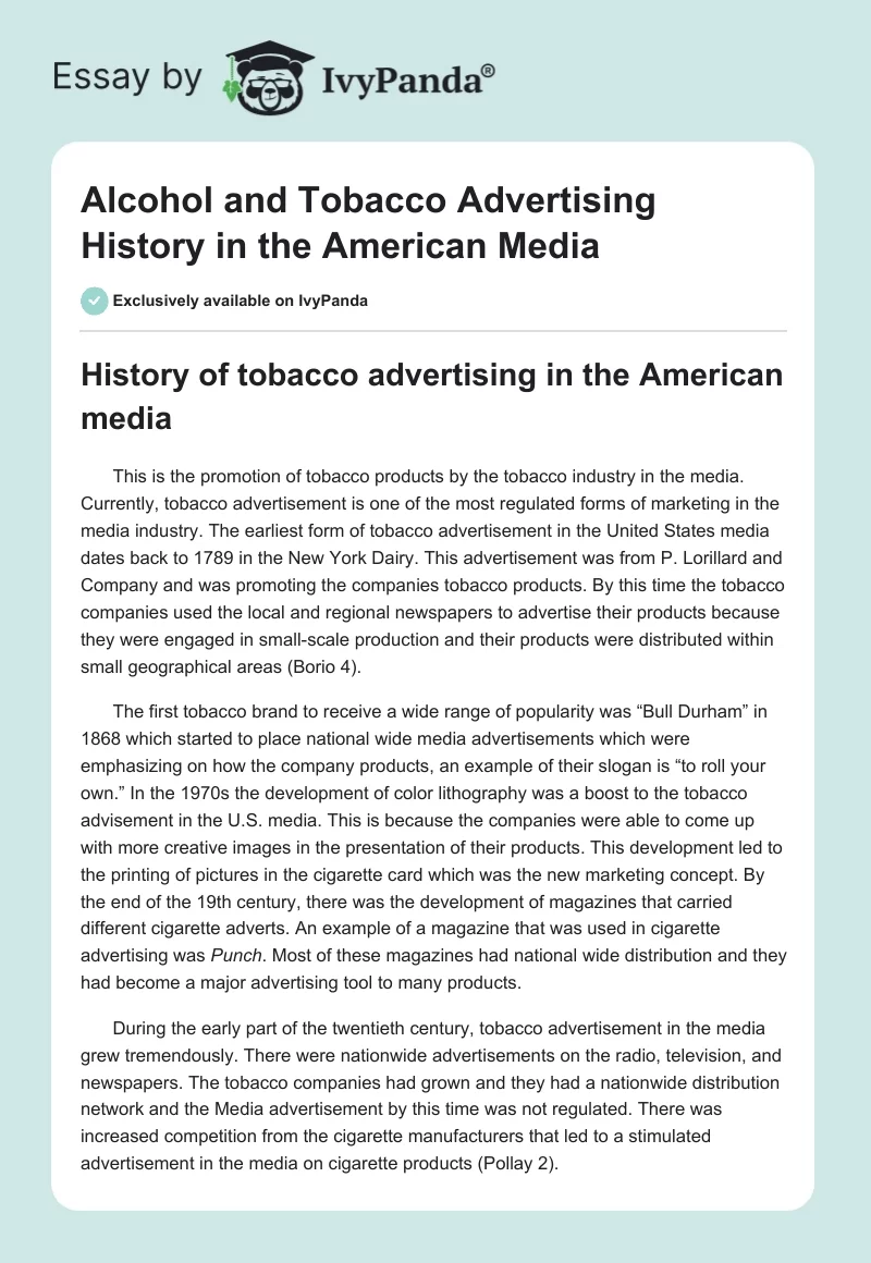 Alcohol and Tobacco Advertising History in the American Media. Page 1
