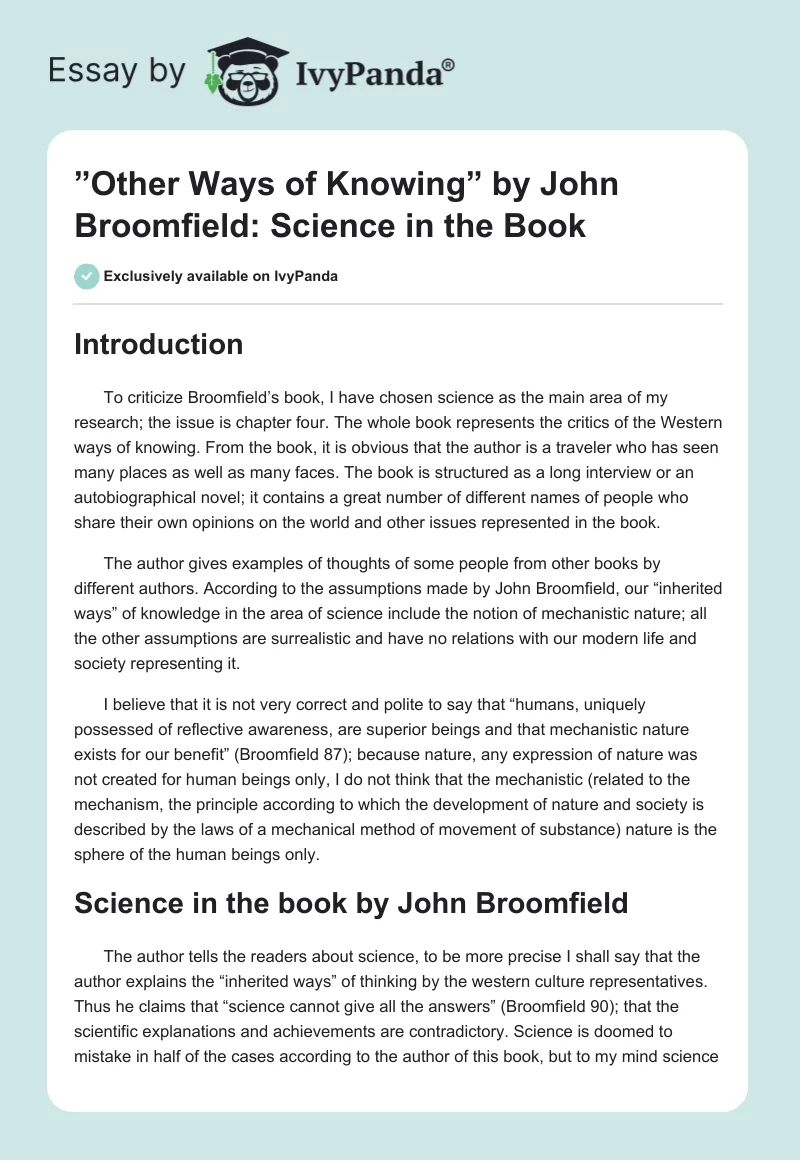 ”Other Ways of Knowing” by John Broomfield: Science in the Book. Page 1