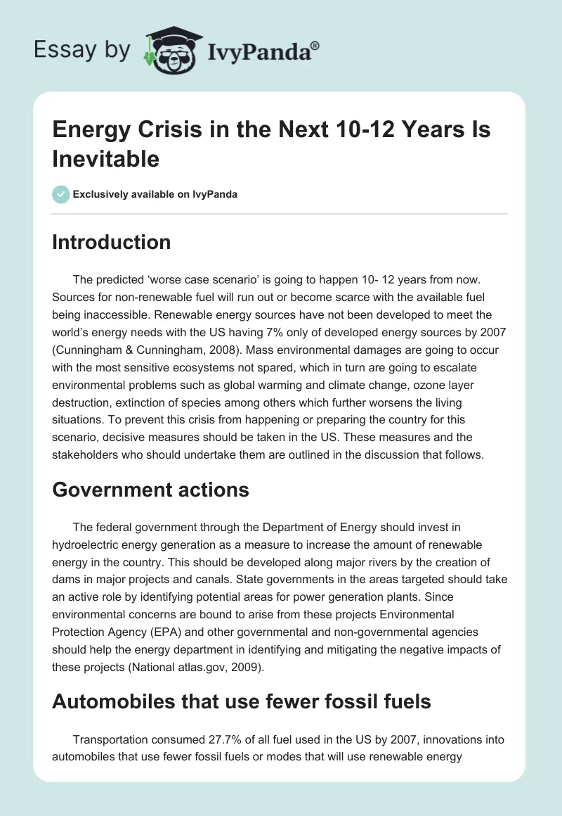 Energy Crisis in the Next 10-12 Years Is Inevitable. Page 1