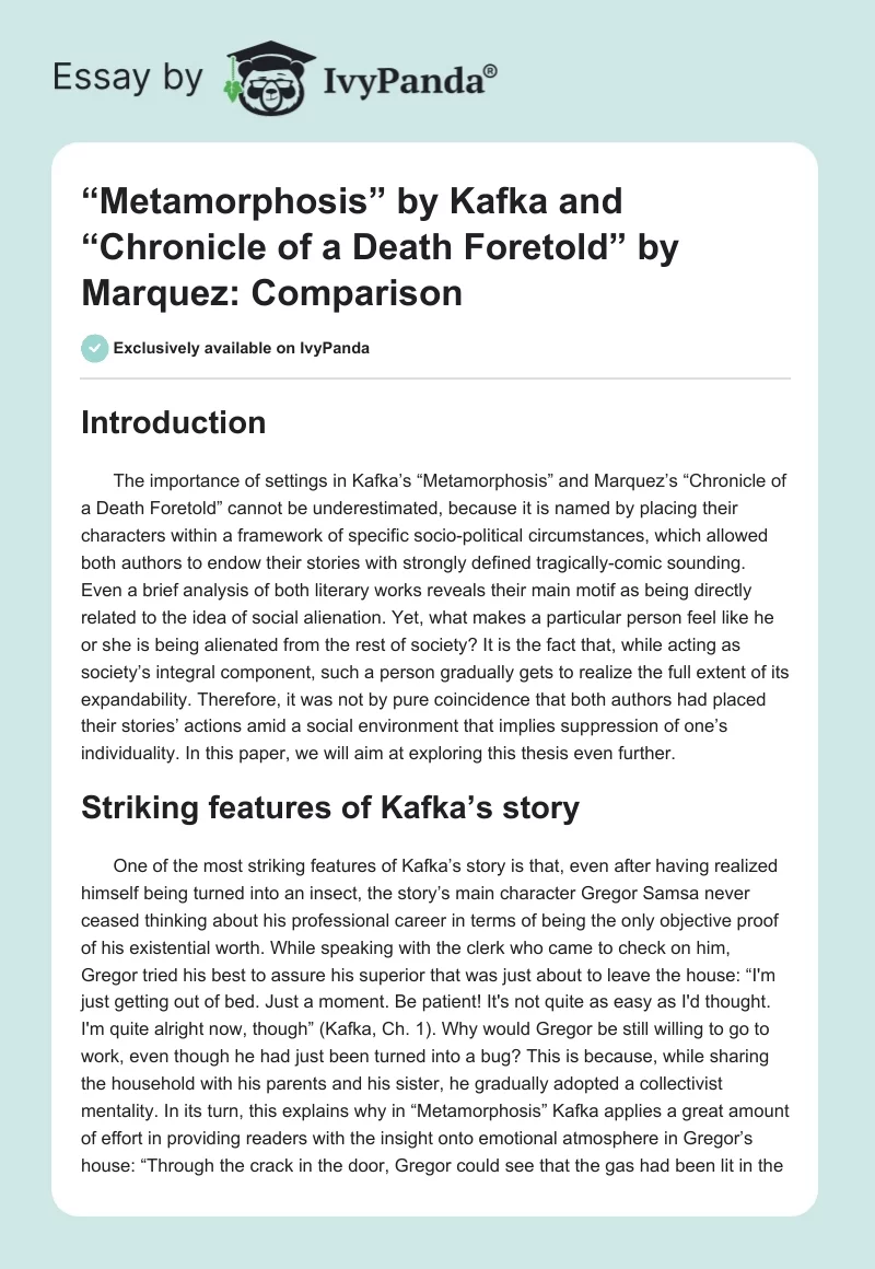 “The Metamorphosis” by Kafka and “Chronicle of a Death Foretold” by Marquez: Comparison. Page 1