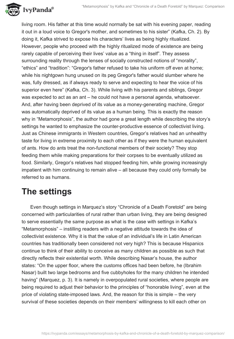 “The Metamorphosis” by Kafka and “Chronicle of a Death Foretold” by Marquez: Comparison. Page 2