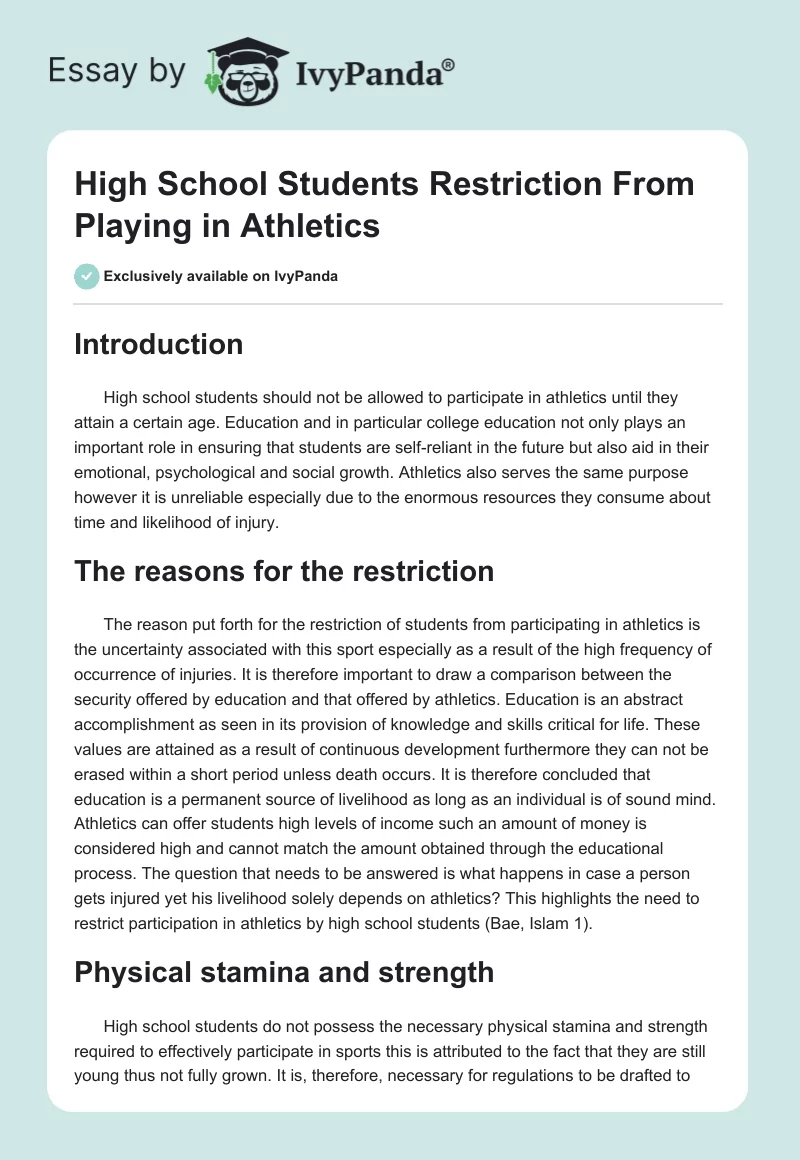 High School Students Restriction From Playing in Athletics. Page 1
