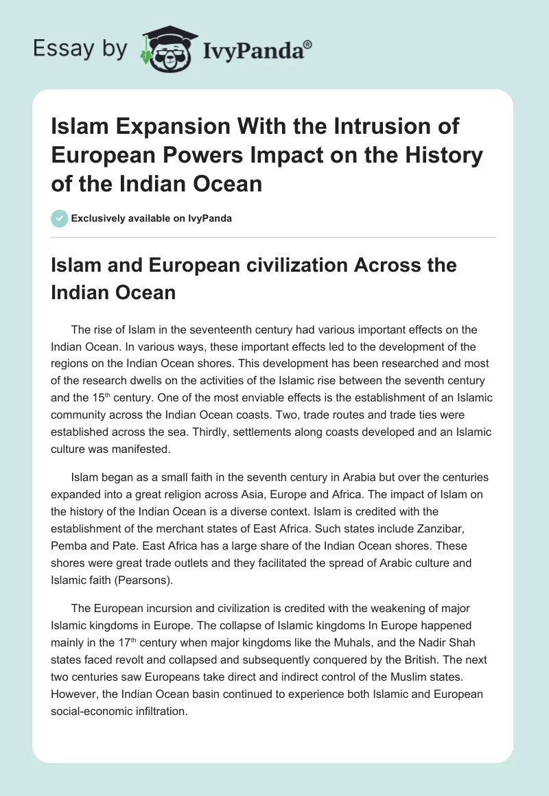 Islam Expansion With the Intrusion of European Powers Impact on the History of the Indian Ocean. Page 1