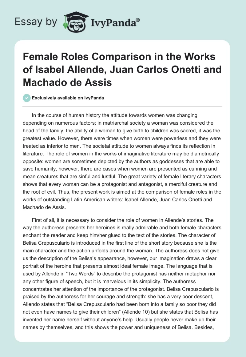 Female Roles Comparison in the Works of Isabel Allende, Juan Carlos Onetti and Machado de Assis. Page 1