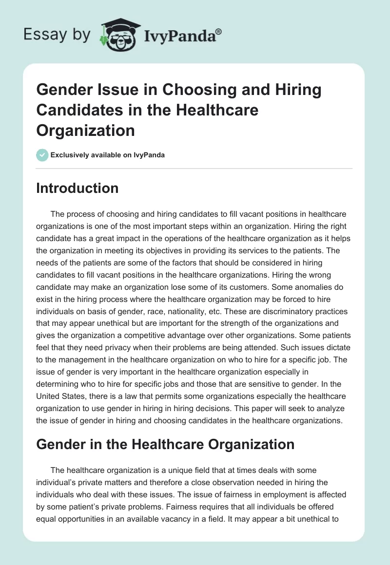 Gender Issue in Choosing and Hiring Candidates in the Healthcare Organization. Page 1
