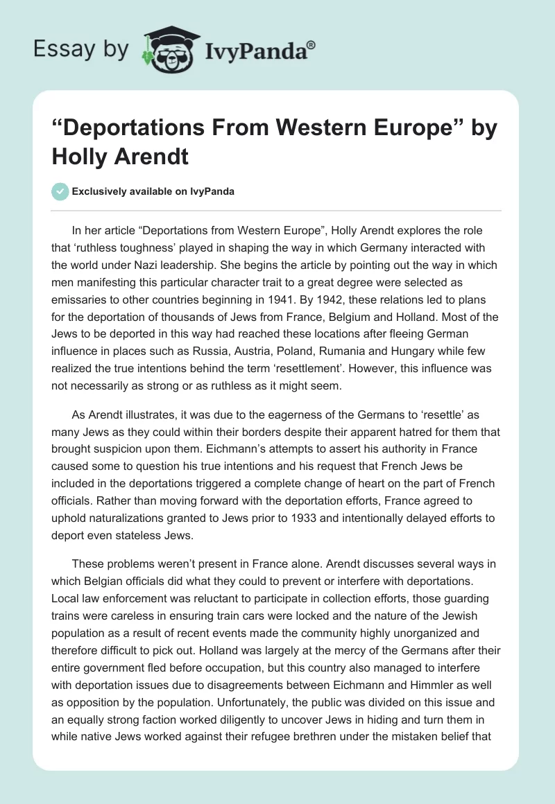 “Deportations From Western Europe” by Holly Arendt. Page 1